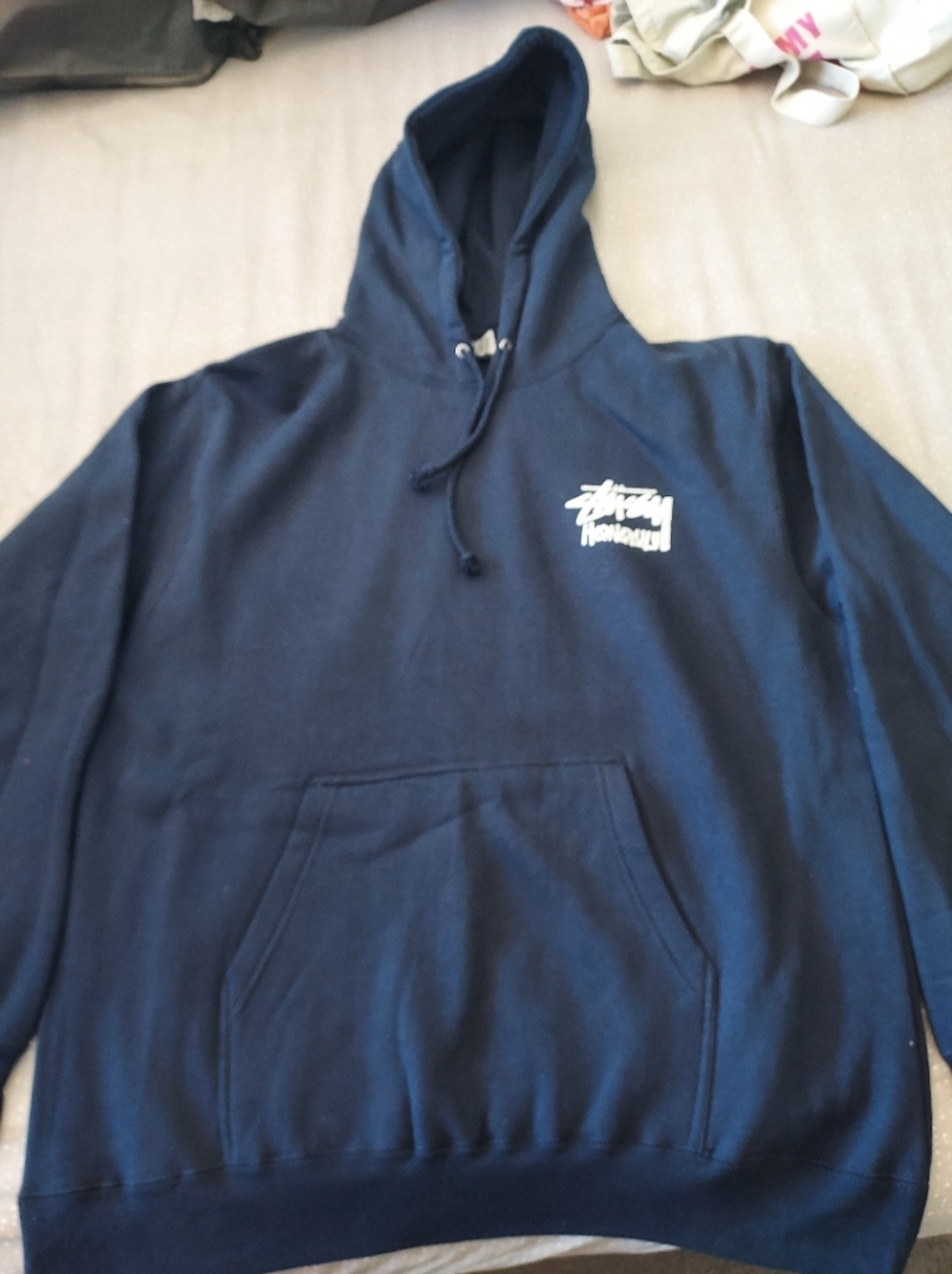 Stussy Navy Pullover Hoodie with White Chest Logo